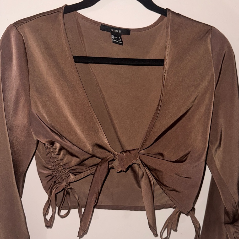 Chic Brown Satin Long Sleeve Tie Front Top